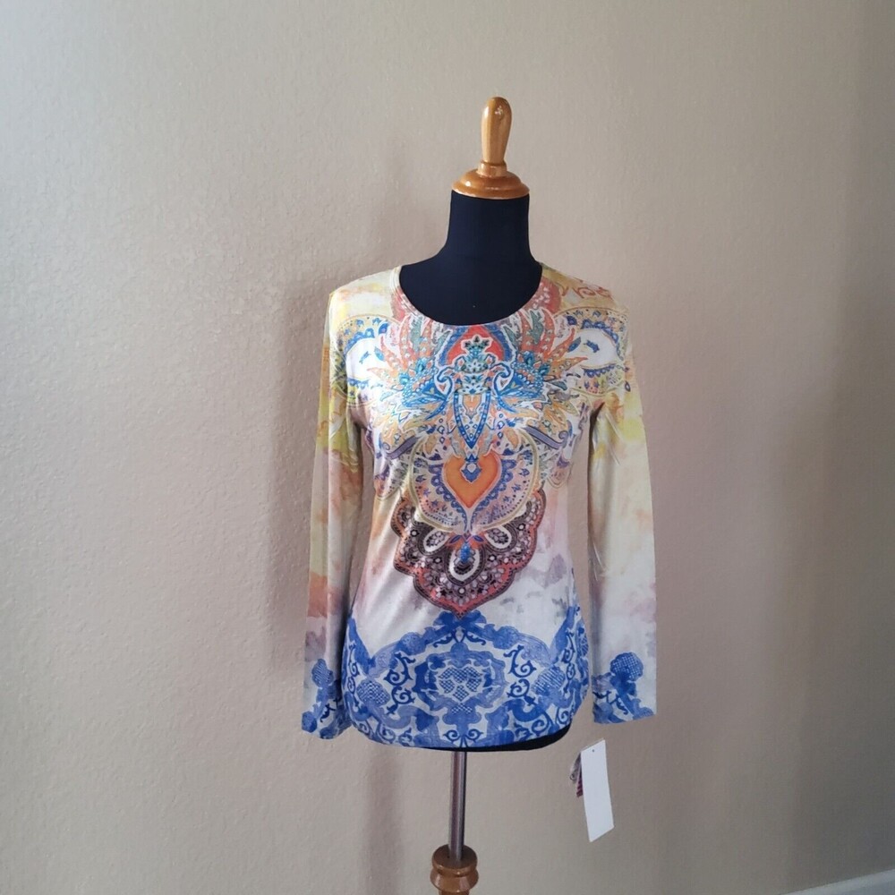 Kos Long Sleeve Knit Paisley Print Multicolor Top Size M New